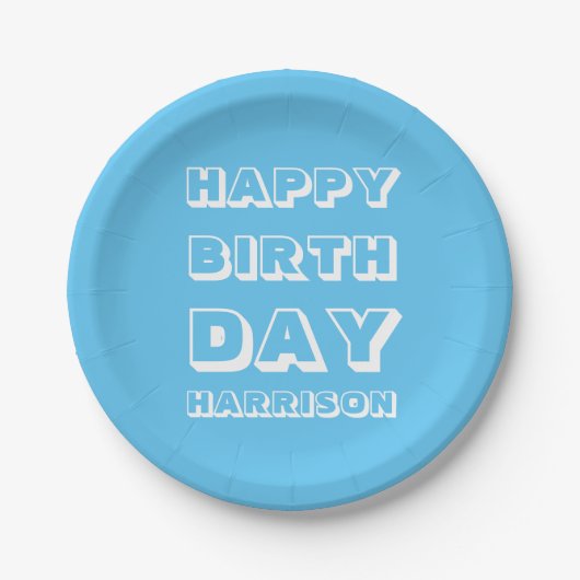 Happy Birthday Custom Name light blue Modern Papieren Bordje (Voorkant)