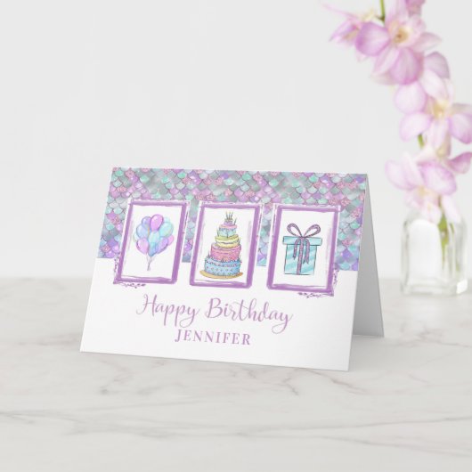Happy Birthday Custom Name Modern Paars en Aqua Kaart (Orchidee)