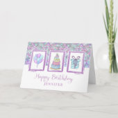 Happy Birthday Custom Name Modern Paars en Aqua Kaart (Voorkant)