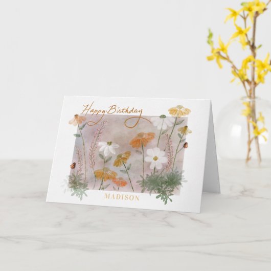 Happy Birthday Custom Name Waterverf Wildbloemen Kaart (Gele Bloem)