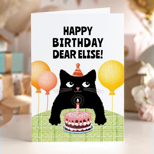 Happy Birthday custom name with black kitten Kaart