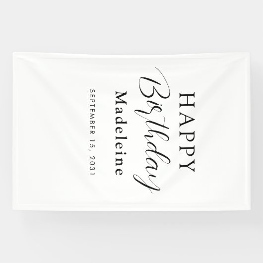 Happy Birthday Custom Name Zwart Wit Spandoek (Horizontaal)