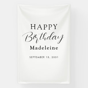 Happy Birthday Custom Name Zwart Wit Spandoek