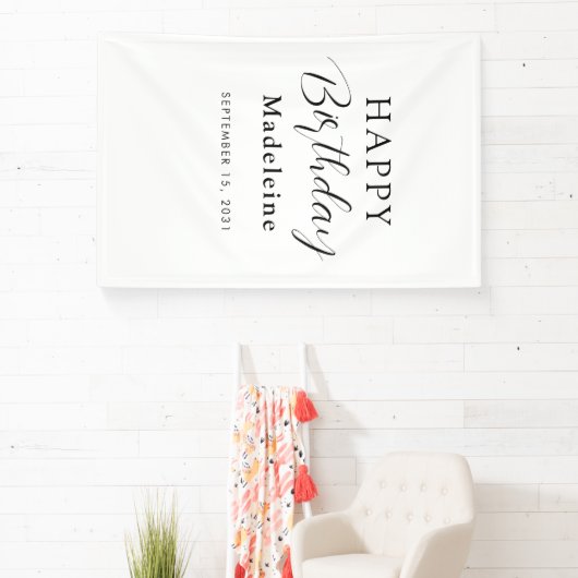 Happy Birthday Custom Name Zwart Wit Spandoek (Insitu)