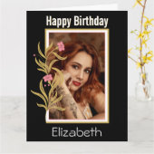 Happy Birthday Custom Photo Black Border Kaart (Gele Bloem)