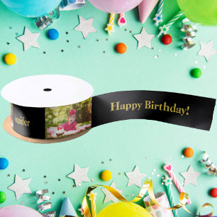 Happy Birthday Custom Photo en name Gold & Black Satijnen Lint