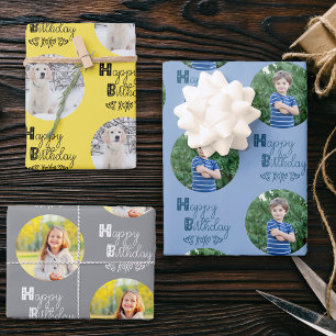 Happy Birthday Custom Photo Set van 3 Blue Yellow Inpakpapier Vel