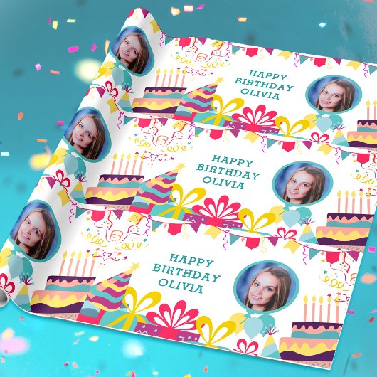 Happy Birthday Custom Photo Text Aangepast Cadeaupapier