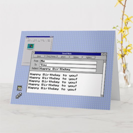 Happy Birthday Custom Text Windows 95 Computer Kaart (Gele Bloem)