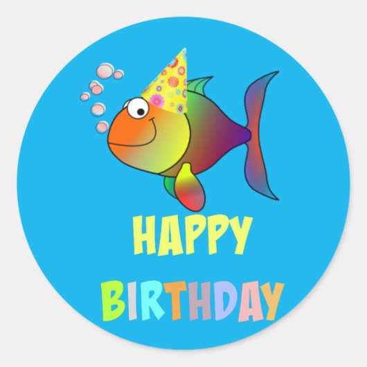 Happy Birthday, Cute and Colorful Fish Design Ronde Sticker (Voorkant)