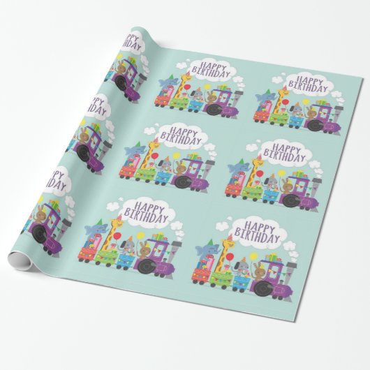 Happy Birthday Cute Animal Train Cadeaupapier (Uitgerold)