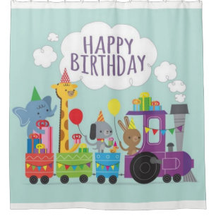 Happy Birthday Cute Animal Train Douchegordijn