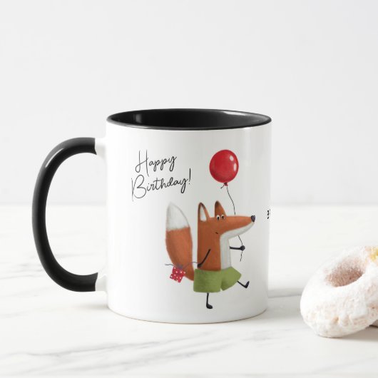 Happy Birthday Cute Balloon Fox Persoonlijke naam Mok (Met donut)