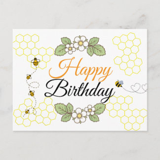 Happy birthday Cute bee Botanical Feestdagenkaart