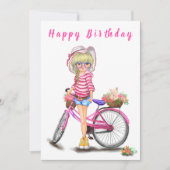 Happy Birthday - Cute Blonde Girl met Pink Bike (Voorkant)