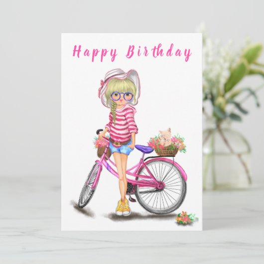 Happy Birthday - Cute Blonde Girl met Pink Bike (Staand voorkant)