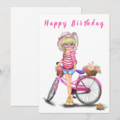 Happy Birthday - Cute Blonde Girl met Pink Bike (Voorkant / Achterkant)
