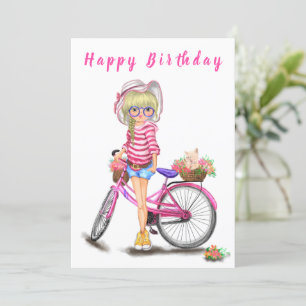 Happy Birthday - Cute Blonde Girl met Pink Bike