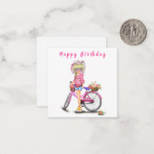 Happy Birthday - Cute Blonde Girl met Pink Bike Notitiekaartje (Voorkant / Achterkant in situ)