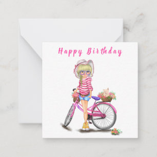 Happy Birthday - Cute Blonde Girl met Pink Bike Notitiekaartje