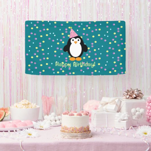 Happy Birthday Cute Cartoon Party Penguin Spandoek (Feest)