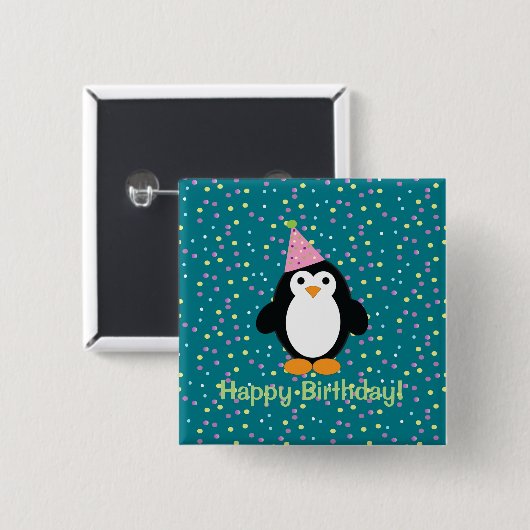 Happy Birthday Cute Cartoon Party Penguin Vierkante Button 5,1 Cm (Voorkant /achterkant)