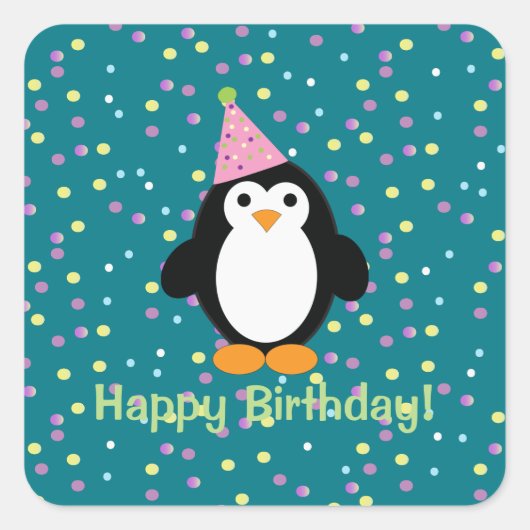 Happy Birthday Cute Cartoon Party Penguin Vierkante Sticker (Voorkant)