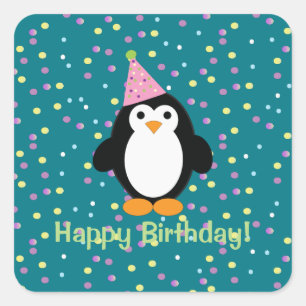 Happy Birthday Cute Cartoon Party Penguin Vierkante Sticker
