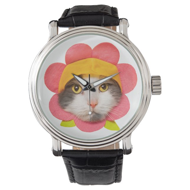 Happy Birthday Cute Cat in Flower Pet Horloge (Voorkant)