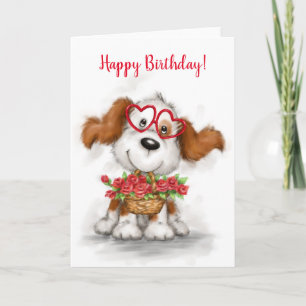 Happy Birthday, Cute dog Holding Flower Basket Kaart