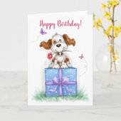 Happy Birthday, Cute Dog over cadeaupakket Kaart (Gele Bloem)