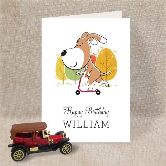 Happy Birthday Cute Dog Puppy Kick Scooter Card Kaart