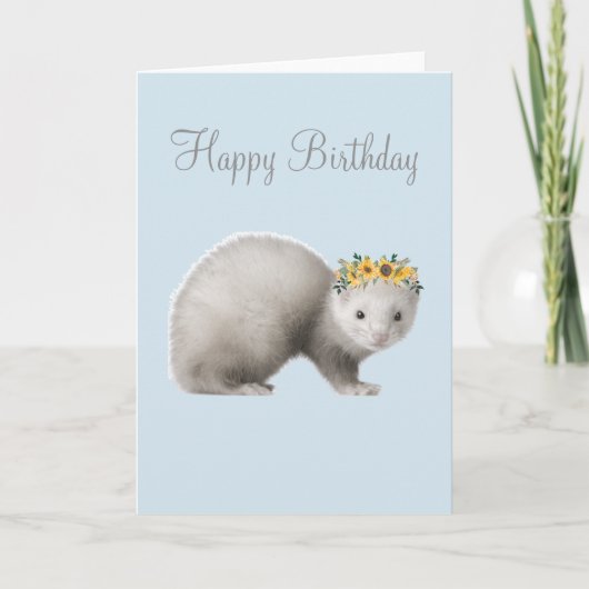 Happy Birthday Cute Ferret Sunflower Crown Kaart (Voorkant)