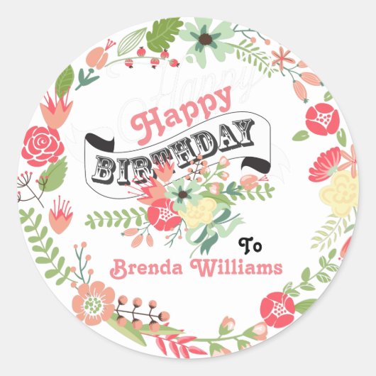 Happy Birthday Cute Floral Wreath Ronde Sticker (Voorkant)