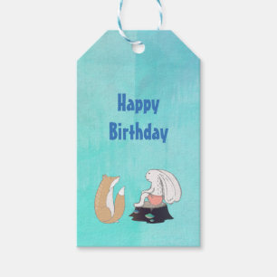 Happy Birthday Cute Fox en Rabbit Illustration Cadeaulabel