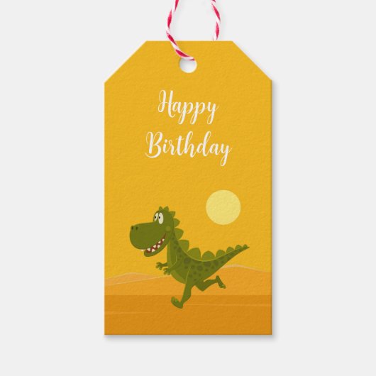 Happy Birthday Cute Funny Running Dino Dinosaur Cadeaulabel (Voorkant)