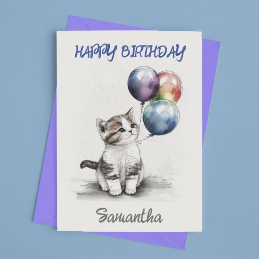 Happy Birthday Cute Kitten met ballonnen Kaart