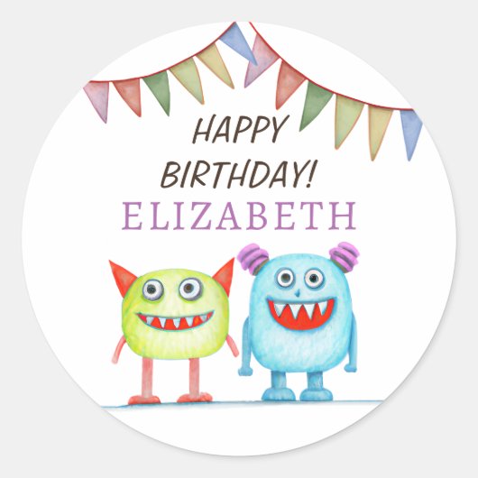 Happy Birthday Cute Monsters Ronde Sticker (Voorkant)