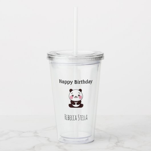 Happy birthday cute panda bear yellow acryl drinkbeker (Voorkant)