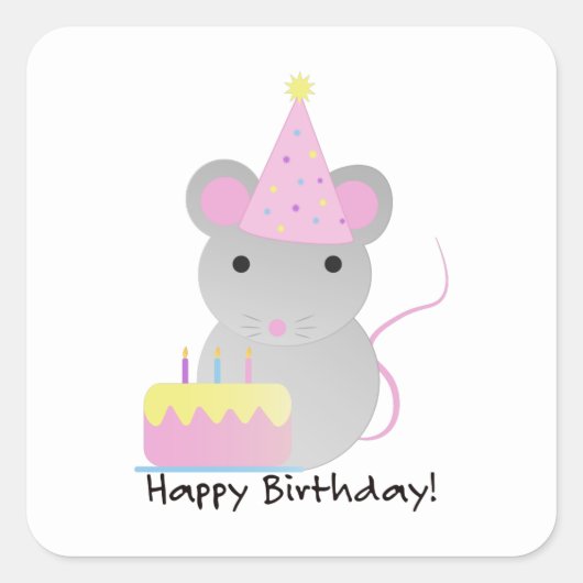 Happy Birthday Cute Party Mouse Vierkante Sticker (Voorkant)