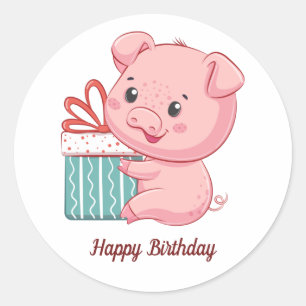 Happy Birthday Cute Pink Piglet met cadeaudoos Ronde Sticker