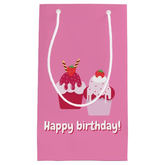 Happy Birthday - Cute Pink Strawberry Shortcakes Klein Cadeauzakje (Voorkant)