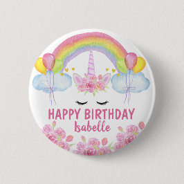 Happy Birthday Cute Pink Unicorn Rainbow Floral Ronde Button 5,7 Cm