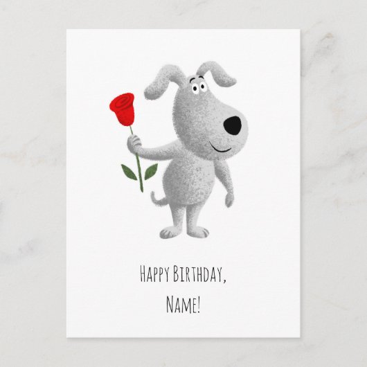 Happy Birthday Cute Puppy Dog Red Rose Briefkaart (Voorkant)