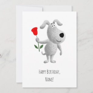 Happy Birthday Cute Puppy Dog Red Rose Kaart