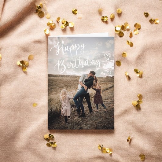 Happy Birthday Cute Script Heart Photo Card Kaart
