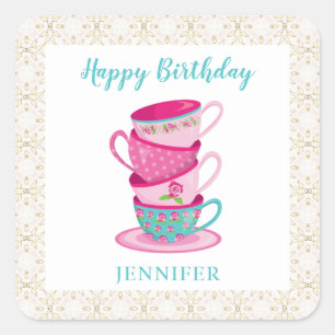 Happy Birthday Cute Tea cups namiddagfloral Vierkante Sticker