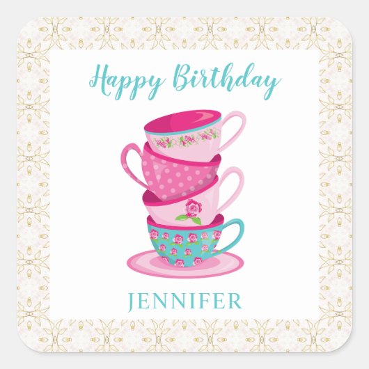 Happy Birthday Cute Tea cups namiddagfloral Vierkante Sticker (Voorkant)