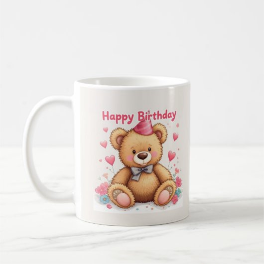Happy Birthday Cute Teddy Bear with Pink Hearts Koffiemok (Links)