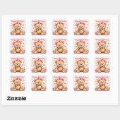 Happy Birthday Cute Teddy Bear with Pink Hearts Vierkante Sticker (Vel)